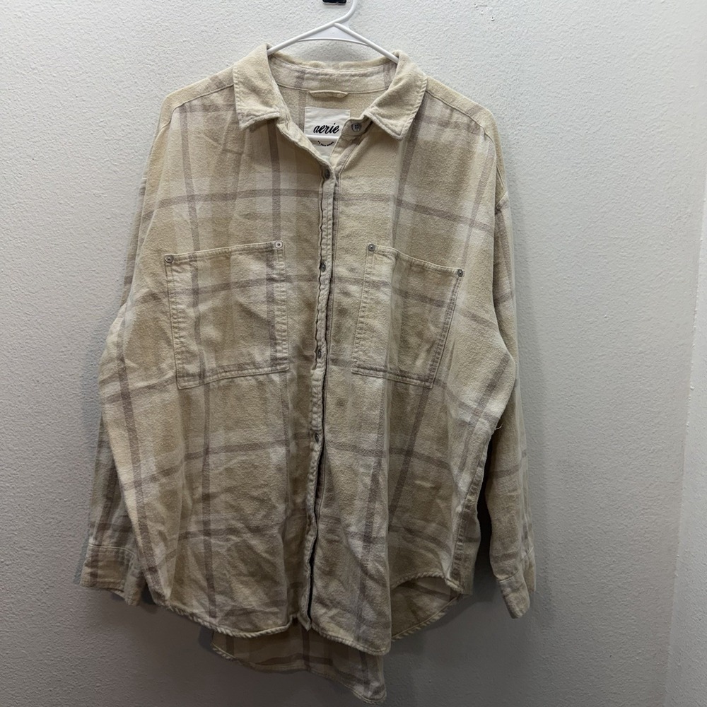 Aerie Blouse Women M Tan Oversized Plaid Flannel Button Up Soft Cotton Shirt